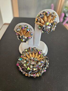 Vintage AB Crystal and Beaded Brooch & Earring Set
